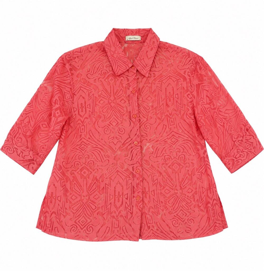 Choices Women’s Coral Geometric Burnout Button Up Blouse Size XL Sheer